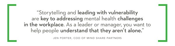 Storytelling and leading with vulnerability are key to addressing mental health challenges in the workplace. As a leader or manager, you want to help people understand that they aren't alone. - Jen Porter, COO of Mind Share Partners