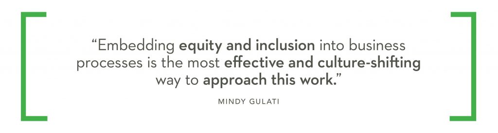 Embedding equity and inclusion into business processes is the most effective and culture-shifting way to approach this work. - Mindy Gulati